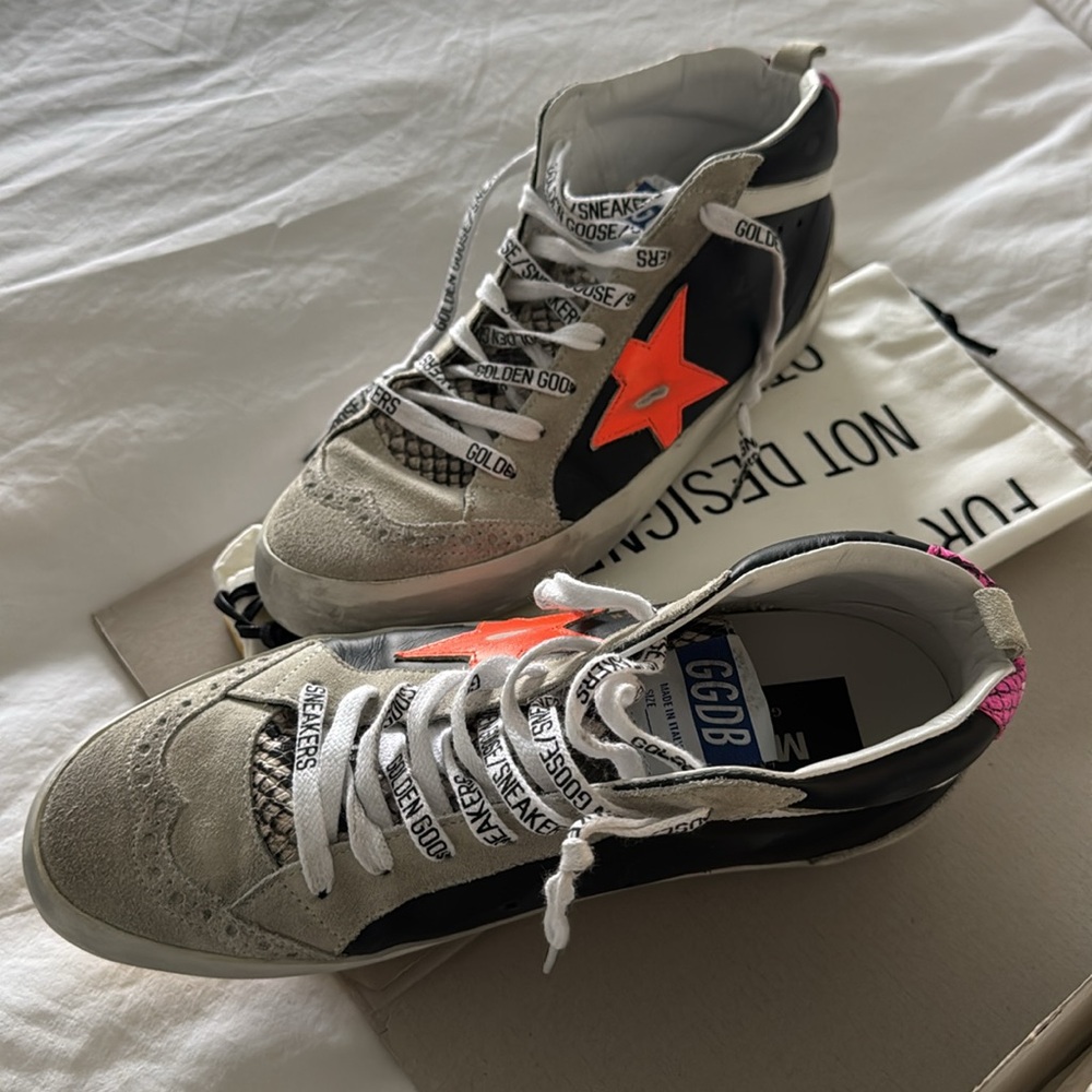 Golden Goose Brand New Mid Stars Black + Snakeskin Orange Star